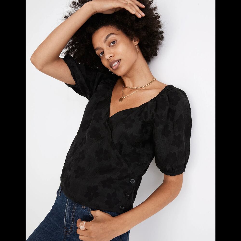 Madewell Black Puff-Sleeve Wrap Top in Floral Jacquard